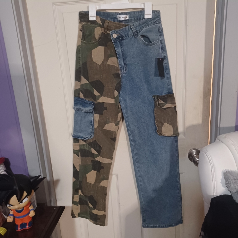 Hot Miami Styles Camouflage and Denim Cargo Pants Size S W 13